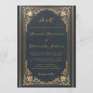 Invitation Élégant Monogramme Doré sur Fond Bleu Marine Maria