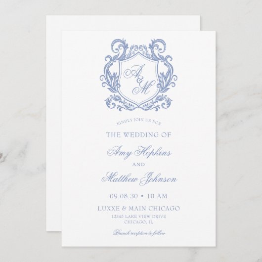 Invitation Élégant Monogramme Dusty Blue Crest Mariage (Devant / Derrière)