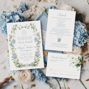 Invitation Élégant monogramme Dusty Blue Hydrangea