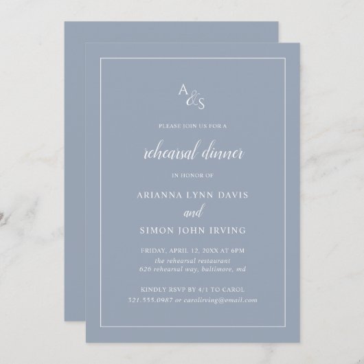 Invitation Élégant Monogramme Dusty Blue Rehearsal Dîner (Devant / Derrière)