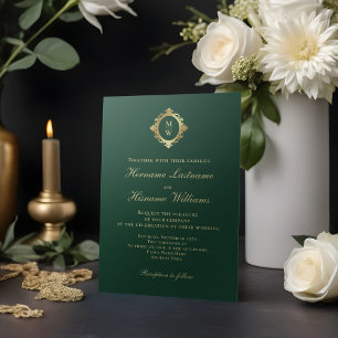 Invitation Élégant Monogramme Emerald Green Mariage or