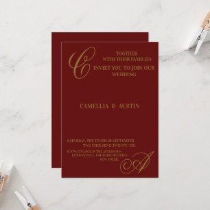 Invitation Élégant Monogramme en Bourgogne et Feuille d'Or
