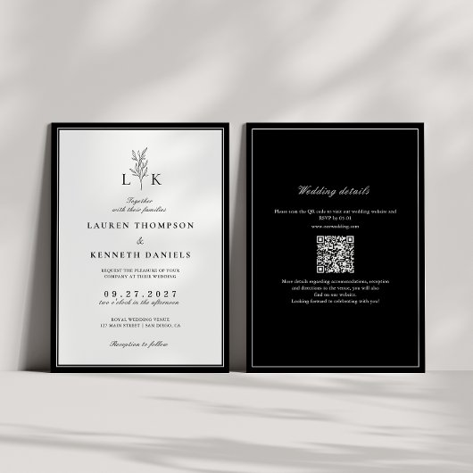 Invitation Élégant Monogramme feuille classique QR Code Maria