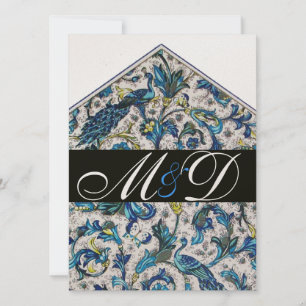 INVITATION ÉLÉGANT MONOGRAMME FLORAL BLEU ANTIQUE FLORENTIN