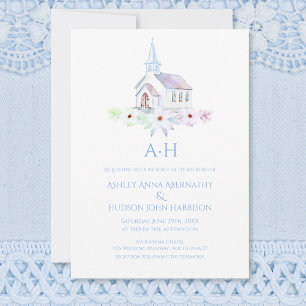Invitation Élégant Monogramme Floral Église Aquarelle Mariage