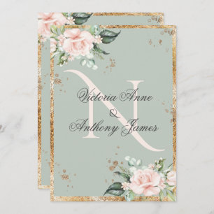 Invitation Élégant Monogramme Floral Sage initial Mariage or