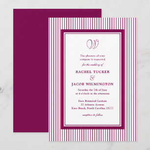 Invitation Élégant Monogramme Forêt Rouge à Rayures Mariage