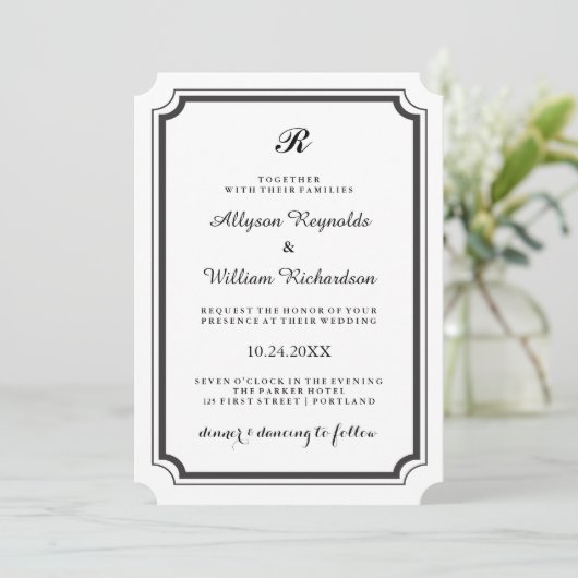 Invitation Élégant Monogramme Formal Mariage noir et blanc (Debout devant)