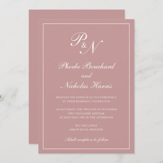 Invitation Élégant Monogramme formel Dusty Rose Mariage rose (Devant / Derrière)