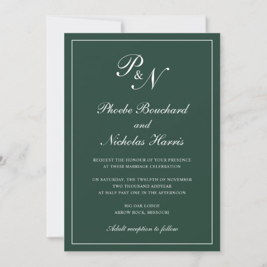 Invitation Élégant Monogramme Formel Mariage Vert Forêt (Devant)