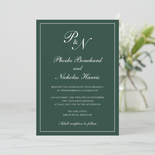 Invitation Élégant Monogramme Formel Mariage Vert Forêt (Debout devant)