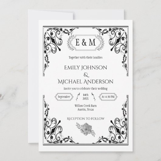 Invitation Élégant Monogramme gothique Mariage noir et blanc (Devant)
