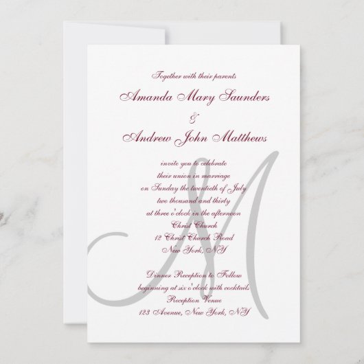 Invitation Élégant Monogramme Gris Bourgogne Mariage officiel (Dos)