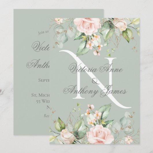 Invitation Élégant Monogramme initial Floral Sage Mariage ver (Devant / Derrière)