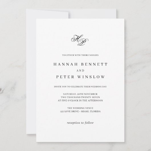 Invitation Élégant Monogramme initial Mariage blanc et noir (Devant)