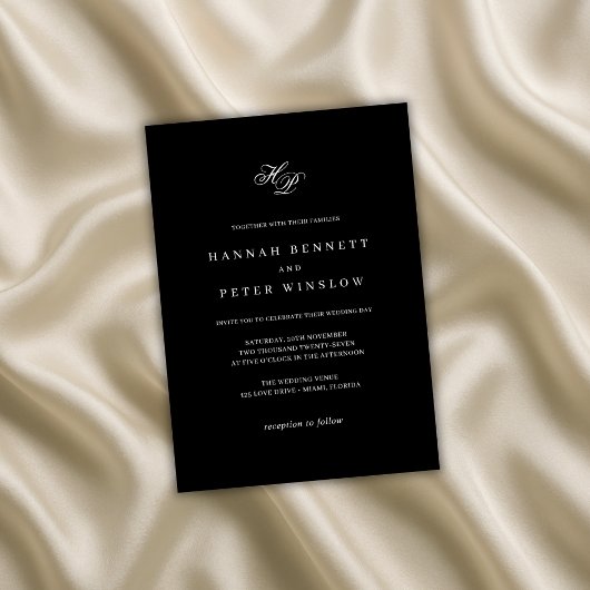 Invitation Élégant Monogramme initial Mariage noir et blanc