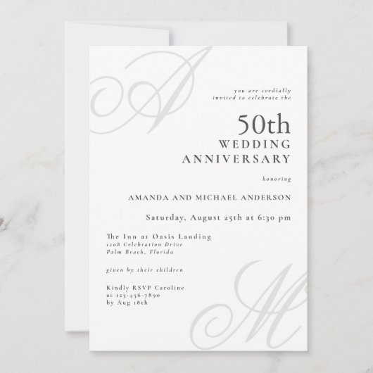 Invitation Élégant Monogramme Initiales 50e anniversaire de M (Devant)