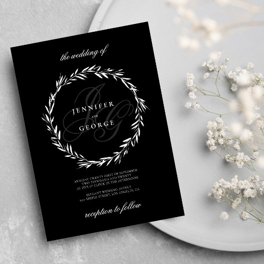 Invitation Élégant monogramme initiales Mariage noir blanc