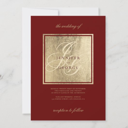Invitation Élégant monogramme initiales or mariage bordeaux (Devant)