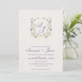 Invitation Élégant Monogramme Joli violet bleu Mariage floral (Debout devant)