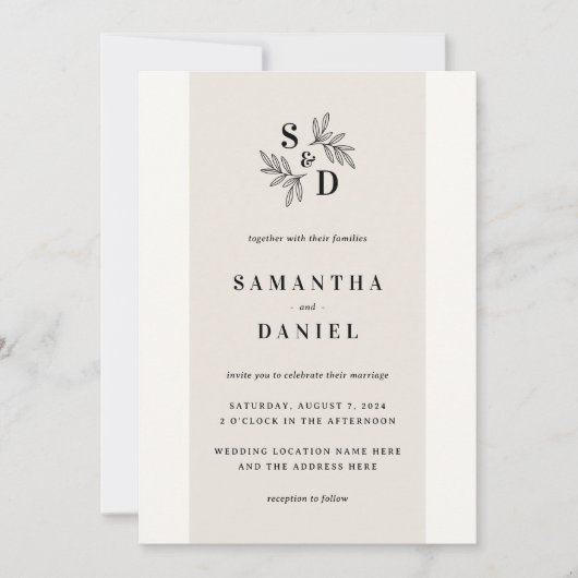 Invitation Élégant monogramme léger à mariage neutre en ivoir (Devant)