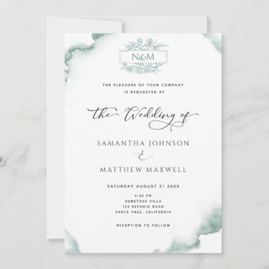 Invitation Élégant Monogramme, Mariage d'aquarelle argent (Devant)