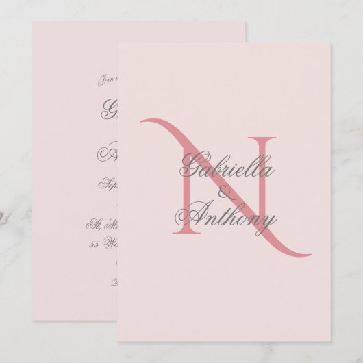 Invitation Élégant Monogramme Mariage rose initial (Devant / Derrière)