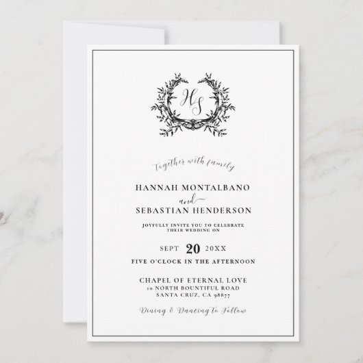Invitation Élégant Monogramme noir/blanc Crest QR Code Mariag (Devant)