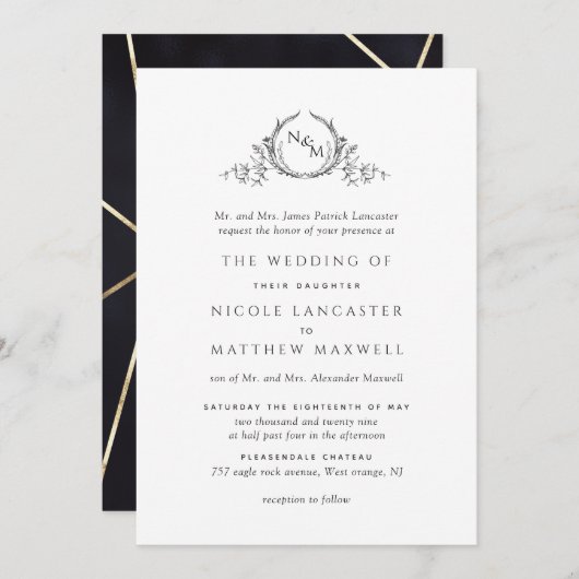 Invitation Élégant Monogramme noir et or Mariage officiel (Devant / Derrière)