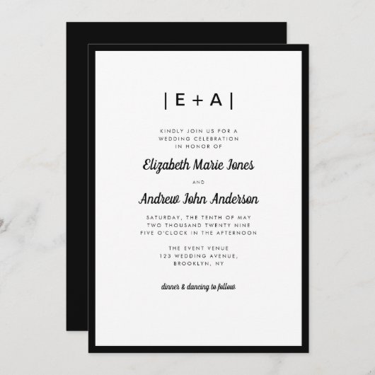 Invitation Élégant Monogramme Noir Moderne Gras Mariage (Devant / Derrière)