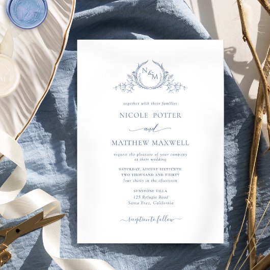 Invitation Élégant Monogramme officiel Dusty Mariage bleu