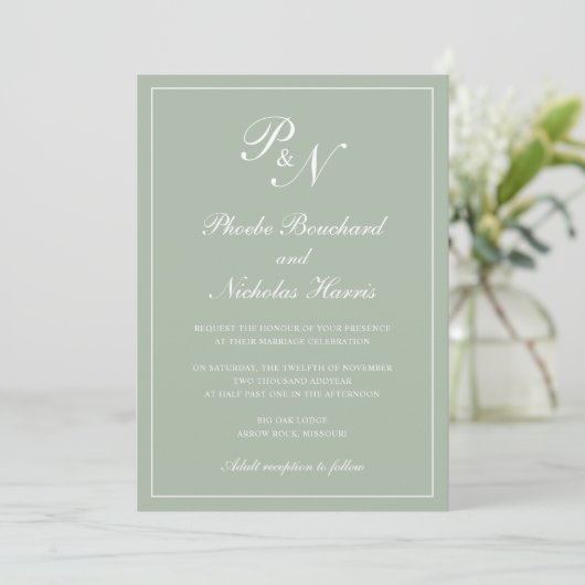 Invitation Élégant Monogramme officiel Sage Mariage vert (Debout devant)