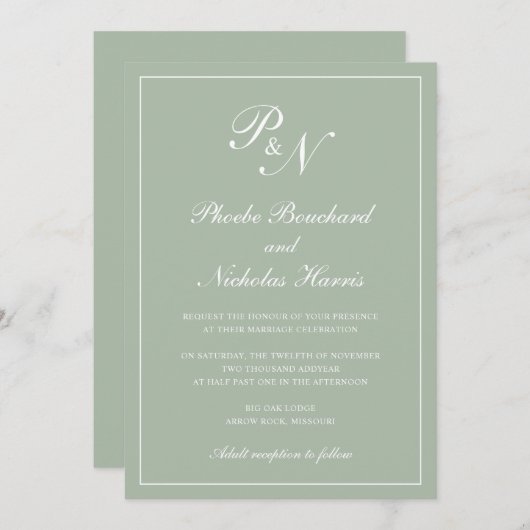Invitation Élégant Monogramme officiel Sage Mariage vert (Devant / Derrière)