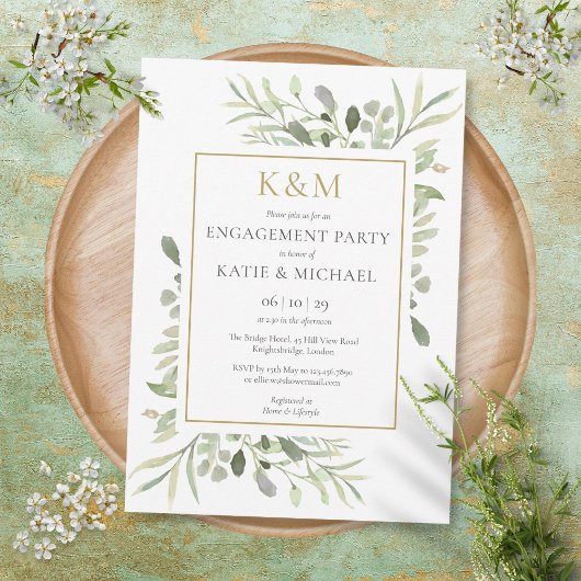 Invitation Elégant Monogramme Or Green Engagement Party