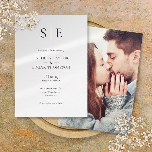 Invitation Élégant Monogramme Or Noir Photo Mariage