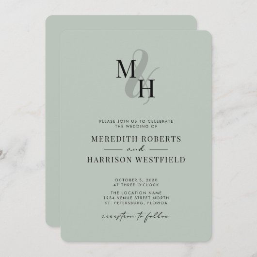 Invitation Élégant Monogramme QR Code RSVP Sage Green Mariage (Devant / Derrière)