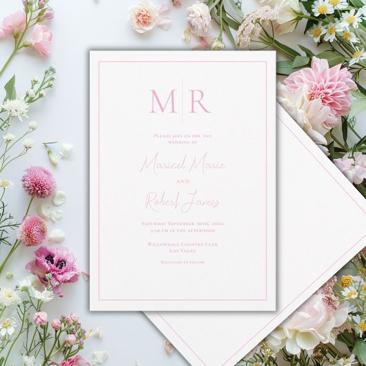 Invitation Élégant Monogramme Rose Mariage Moderne