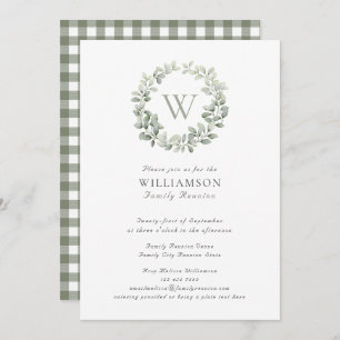 Invitation Élégant Monogramme Sage Plaid Famille Réunion