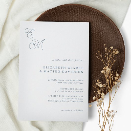 Invitation Élégant Monogramme Script Dusty Blue Mariage