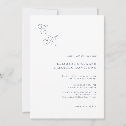 Invitation Élégant Monogramme Script Dusty Blue Mariage (Devant)