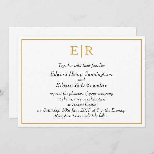 Invitation Élégant Monogramme Simple Mariage or (Devant / Derrière)