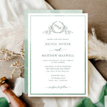 Elégant Monogramme Vert Aquarelle Mariage Invitati