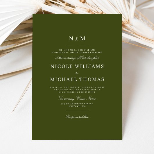Invitation Élégant Monogramme Vert Olive Mariage Classique