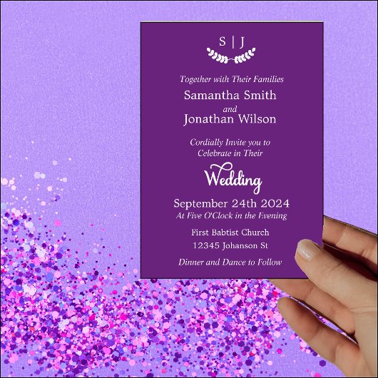 Invitation Élégant Monogramme violet Bijou Mariage de ton