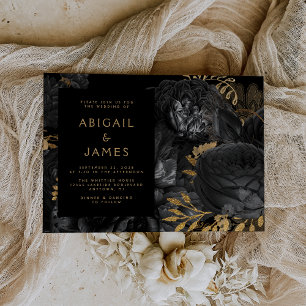 Invitation Élégant Moody Black Gold Dark Floral Mariage