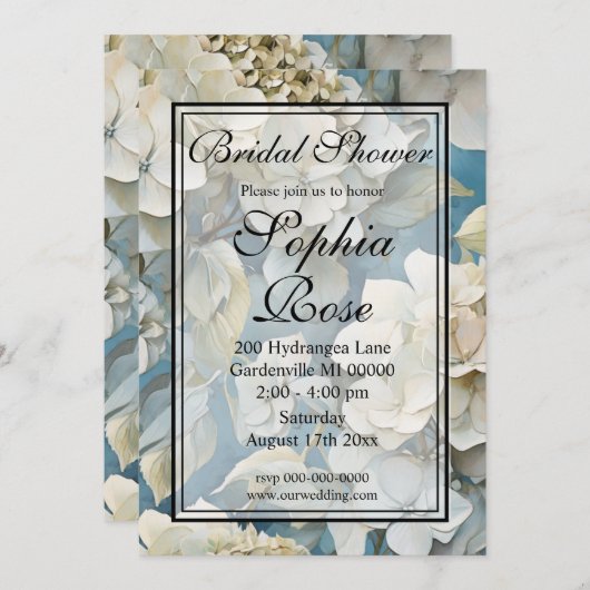 Invitation Elégant moody bleu poussiéreux flores d'aquarelle (Devant / Derrière)