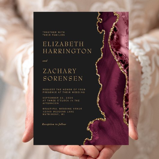 Invitation Élégant Moody Bourgogne Agate Gold Mariage