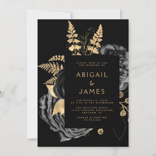 Invitation Élégant Moody Dark Floral Mariage or noir (Devant)