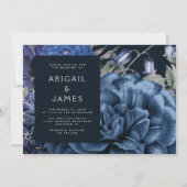 Invitation Elégant Moody Dark Floral Navy Blue Silver Mariage (Devant)
