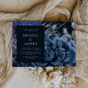 Invitation Elégant Moody Dark Floral Navy Blue Silver Mariage